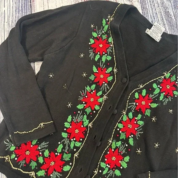 Vintage Christmas Beaded Black Cardigan with Red Floral Embroidery - Picture 3 of 8